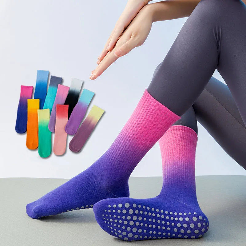 Yoga Socks Women Gradient Cotton Silicone Non-Slip Pilates Grip Crew Socks