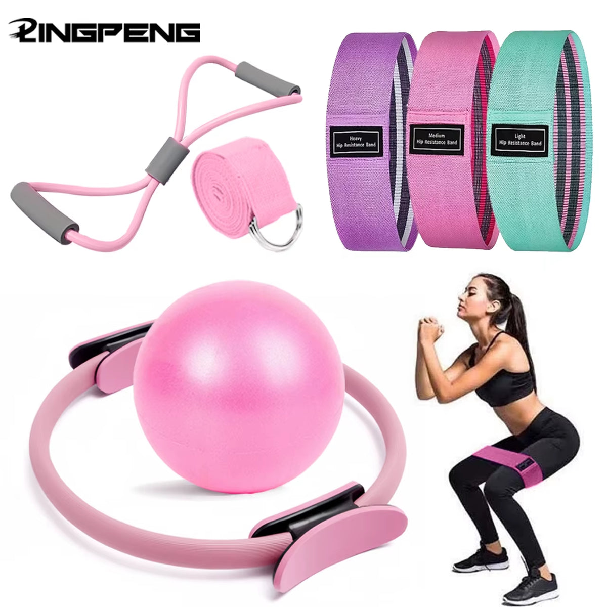 Kit Pilates em Casa Anel + Bola + Elásticos